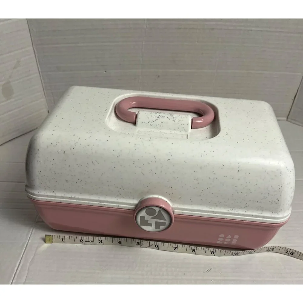 Vintage Caboodles Large Pink & White Speckled Makeup With Fold-Out Tray & Mirror